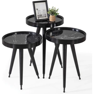 İnegöl Sehpa Ahşap Yuvarlak 3'lü Zigon Sehpa Siyah Içi Siyah Mermer Polen Lüx Ayaklı C10