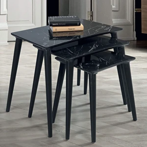 İnegöl Sehpa Siyah Mermer Dikdörtgen Ahşap 3'lü Zigon Sehpa E4