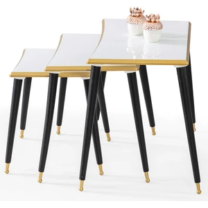 İnegöl Sehpa 3'Lü Beyaz Dikdörtgen Ahşap Zigon Gold Kenarlı Sehpa Siyah Lüx Ayaklı E14