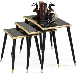 İnegöl Sehpa 3'Lü Siyah Mermer Dikdörtgen Ahşap Zigon Altın Kenarlı Sehpa Lüx Ayaklı E7
