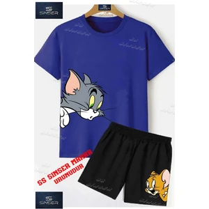 Çocuk Unısex “tom ve Jerry Kafalar Yanda“ Özel Baskılı Bisiklet Yaka Tişört - Şort Takım