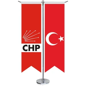 Cumhuriyet Halk Partisi Chp Bayrağı Logo ve Türkiye Kırlangıç Saten T Direk Masa Bayrağı 2'li