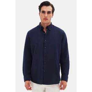 D'S Damat Ds Damat Comfort Lacivert Düğmeli Yaka Rahat Kesim Keten Görünümlü  Pamuk Gömlek 2HC02ORT64265