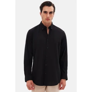 Comfort Siyah Düğmeli Yaka Rahat Kesim Keten Görünümlü %100 Pamuk Gömlek 2HC02ORT64265