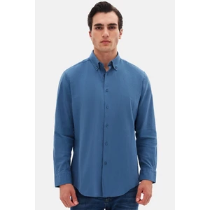D'S Damat Ds Damat Comfort Indigo Düğmeli Yaka Rahat Kesim Keten Görünümlü  Pamuk Gömlek 2HC02ORT64265