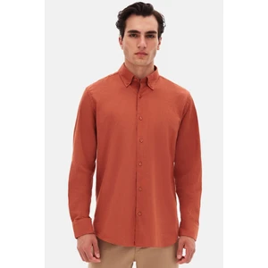 Ds Damat Comfort Kiremit Düğmeli Yaka Rahat Kesim Keten Görünümlü %100 Pamuk Gömlek