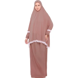 Kadın Iki Parça Likra Sandy Kumaş Dantelli Kollu Namaz Elbisesi-Pembe