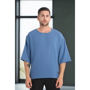 Bisiklet Yaka Fakir Kol Oversize Kısa Kol T-shirt - Mavi