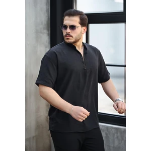 Oversize Yarım Pat Bambu Kısa Kol Gömlek - Siyah
