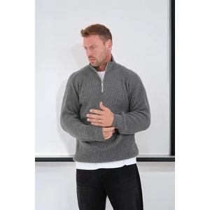 Nolan Oversize Selanik Örgü Yarım Fermuar Erkek Triko Kazak - Füme