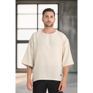 Bisiklet Yaka Fakir Kol Oversize Kısa Kol T-shirt - Bej