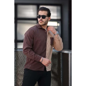 Kontrast Çift Renk Fitilli Kadife Gömlek Kahve