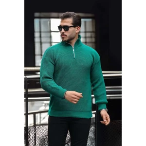 Oversize Selanik Örgü Yarım Fermuar Erkek Triko Kazak - Yeşil