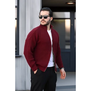 Oversize Selanik Örme Fermuarlı Erkek Hırka- Bordo