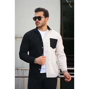 Kontrast Çift Renk Fitilli Kadife Gömlek - Taş