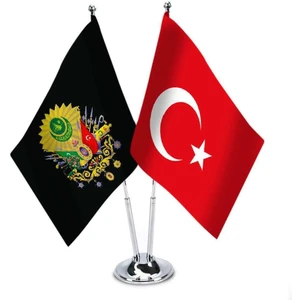 Siyah Osmanlı Arması Türkiye İkili Saten Masa Bayrağı