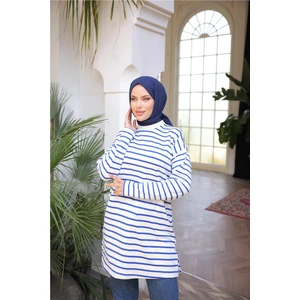 O Yaka Yatay Çizgili Uzun Kollu Kısa Yırtmaçlı Tunik - (38-46) - 71295 - Saks