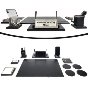 Prozenis Aksu Krom Detaylı Isimlikli Sümen Takımı Lüks Ofis Seti Yeni Iş Ofis Hediyesi Masa Isimliği Siyah