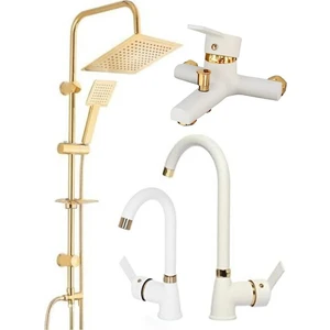 Gold Altın Kare Robot Seti Beyaz Gold Banyo Lavabo Mutfak Bataryası Musluğu Çeşmesi 4'lü Set