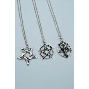 3'lü Pentagram Ters Pentagram Keçi Kafası Gümüş Kaplama Kolye Seti