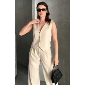 Yeni Sezon Yelek Pantolon Ikili Takım/kurdele Düğmeli Içi Astarlı Yelek Palazzo Pantolon