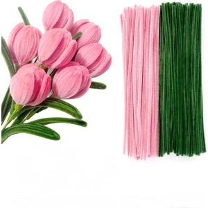 50 Adet Pembe ve Koyu Yeşil Renkli Şönil , Çiçek Yapım Seti, Tüylü Tel, 30 Cm, Peluş Te