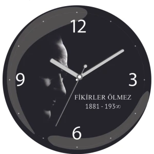 Atatürk Fikirler Ölmez Sessiz Akar Bombeli Gerçek Cam Duvar Saati
