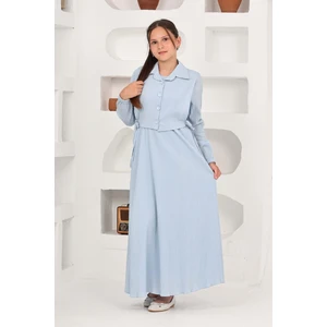 Kız Çocuk Uzun Gofre Kumaş Jile & Elbise Iki Parça Takım Tesettür Elbise – Astarlı Zarif SET-4948-ELB-2048