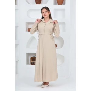 Kız Çocuk Uzun Gofre Kumaş Jile & Elbise Iki Parça Takım Tesettür Elbise – Astarlı Zarif SET-4948-ELB-2048