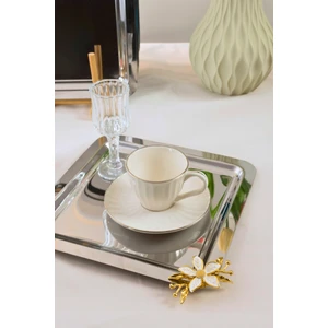 6'lı Kare Paslanmaz Çelik Tepsi Seti 21X21 cm – Gold Papatya Figürlü Kahve & Çay Sunum Tepsisi
