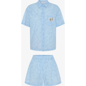 Açık Mavi Antalya Çiğdemi Pamuklu Çiçekli Gömlek Şort Pijama Takımı - Inspired by Flora