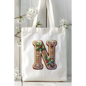 N Harfi Kurabiye Noel Yeniyıl Isimli Baskılı Bez Omuz Çantası Çift Taraflı Kişiye Özel Model 16