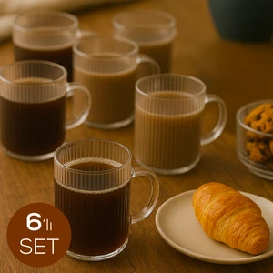 6'lı Çizgili Desenli Kulplu Cam Bardak - 200 ml  Cam Çay Bardağı