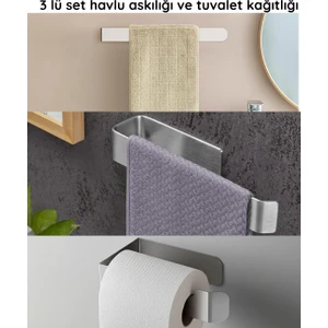 3 Lü Set / Paslanmaz Çelik Havluluk ve Tuvalet Kağıtlığı / Yapışkanlı Tasarım / 30 Cm-26 Cm-18 cm