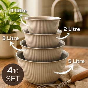 4'lü Mega Boy Plastik Karıştırma ve Saklama Kase Seti |  1l, 2l, 3l, 5l Bej