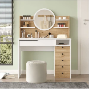 Bohem Makyaj Masası 100CM Aynalı Çekmeceli Şifonyer Raf Sepet-Beyaz BOH30-SW