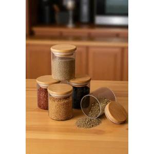 300 ml 6'lı Borosilikat Cam Baharatlık Seti - Sızdırmaz Silikonlu Bambu Kapak - 300 ml (X6)