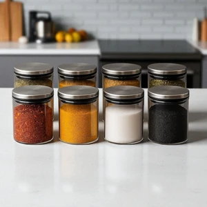300 ml (70 mm x 100 Mm) 8 Lı Borosilikat Cam Baharatlık Seti-Sızdırmaz Sılıkonlu Metal