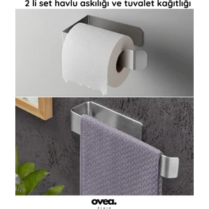 2 Li Set / Paslanmaz Çelik Havluluk ve Tuvalet Kağıtlığı / Yapışkanlı Tasarım / 26 Cm-18 cm