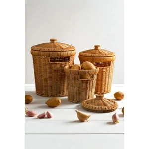 3'lü Rattan Sebze Sepeti Seti Kapaklı Sarımsak Soğan Patates Organizer