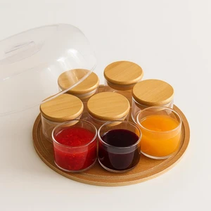 Noah Exclusive 8 Adet 150 ml Borosilikat Cam Kapaklı Ahsap Fanusu -Fanuslu BAMBU  Kapaklı Kahvaltilik - ( 70 x 50 Mm)