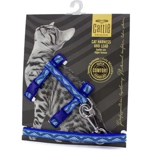 Desenli Kedi Göğüs ve Gezdirme Tasma Aparatı Mavi 1x25-40