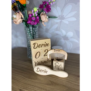 Isimli Bebek Anne Anı Küpü %100 Doğal Keçi Kılı Saç Fırçası, Şimşir Tarak 7'li Set Lazer Markalama