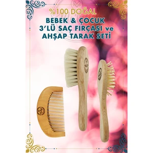 3'lü Doğal Bebek & Çocuk Saç Fırçası Seti(Keçi Kılı Saç Fırçası-Bambu Dişli Saç Fırçası-Ahşap Tarak)