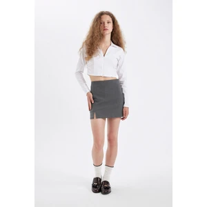 Yüksek Bel Basic Düz Pamuk Yırtmaçlı Astarlı Mini Etek