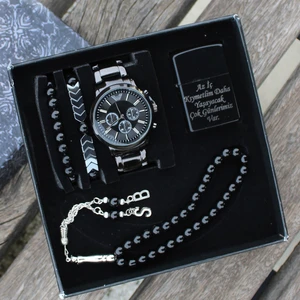 Saat İstasyonu Siyah  Renk Çelik Kordon Saat Tesbih  Bileklik  Çakmak Seti