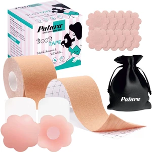 Patara Premium Göğüs (Meme) Dikleştirici Bant Seti | 5 cm x 5 m Bant + 8 Adet Saten Ped + 2 Adet Silikon Ped | Suya Dayanıklı & Hipoalerjenik | Ten Rengi