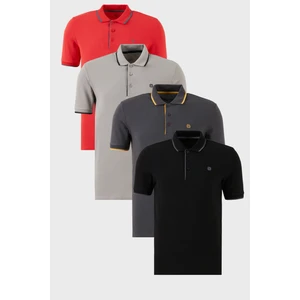 Pamuklu Slim Fit Şerit Detaylı Düğmeli Polo Yaka 4'lü Paket T Shirt Erkek T Shirt 5902118S4