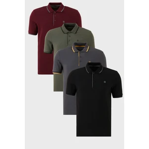 Pamuklu Slim Fit Şerit Detaylı Düğmeli Polo Yaka 4'lü Paket T Shirt Erkek T Shirt 5902118S4