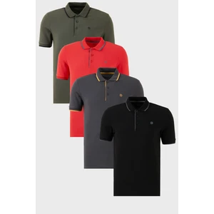 Pamuklu Slim Fit Şerit Detaylı Düğmeli Polo Yaka 4'lü Paket T Shirt Erkek T Shirt 5902118S4